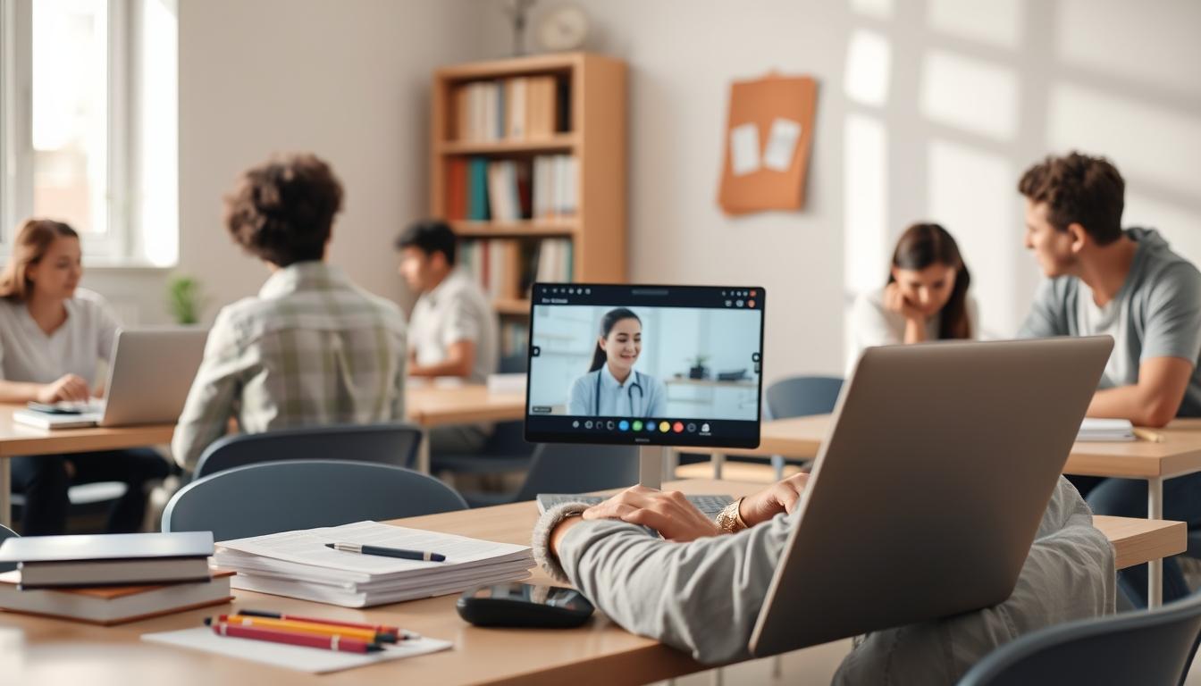 Students studying together in modern classroom